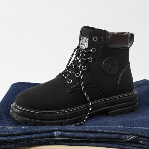 Fashion Korean Martin Boots for Men Mid-top Leather Casual Boots Non-slip Comfortable