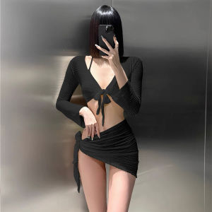 ชุดว่ายน้ำบิกินี่ชุดสวมใส่ชายหาดเซ็กซี่สำหรับผู้หญิง4ชิ้น2024สไตล์ใหม่พร้อมปกปิดแขนยาวเอวสูงน่ารักแฟชั่นกีฬายืดได้