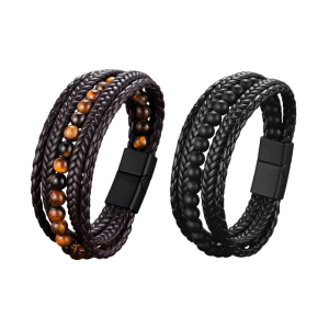 Anxiety Relief PU Leather Bracelet For Men Adjustable Magnetic Closure Handchain With Tigers Eye Lava Stone Beads