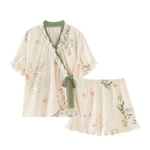 FGVDV New Chinese Style Lace Up Pajama Suit Flower Reffle Shorts Sleeve Nightwear Fashion Women Homewear Two Pieces Sleepwear Sets Lady Girl