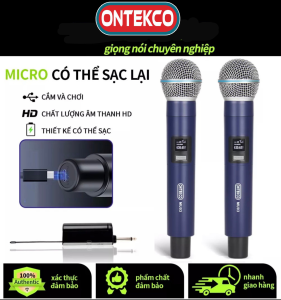 ONTEKCO MU03 - Bộ 02 Micro hát karaoke pin sạc ngay trên tay micro phù hợp mọi loa kéo amply gia đình