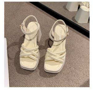 [Free Shipping] Buckle Square-Toe Platform Sandals New Summer Style Roman-Style Square Heel Open-Toe Criss-Cross Strap High-Heeled Sandals For Women