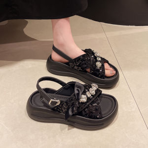 French Platform Sequined Sandals for Womens Summer New Fairy Style with Skirt Soft Soled Beach Shoesjavascript: