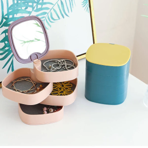 360 Rotating Jewelry Box 4 Layers Rotating Storage Box Organizer with Mirror/Kotak Barang Kemas