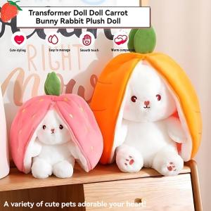 [25cm  35cm  48cm]Strawberry Rabbit Plush Cute Bunny 2 in 1 Long Ear Fruit Animal Stuffed Doll Carrot Outfit Costume Birthday Gift  Childrens Toys