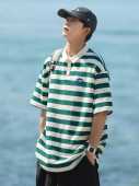 Japanese striped POLO shirt short-sleeved mens piqué cotton breathable loose casual lapel bottoming shirt heavy t-shirt trendy brand