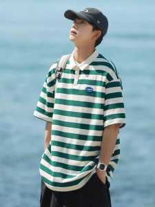 Japanese striped POLO shirt short-sleeved mens piqué cotton breathable loose casual lapel bottoming shirt heavy t-shirt trendy brand
