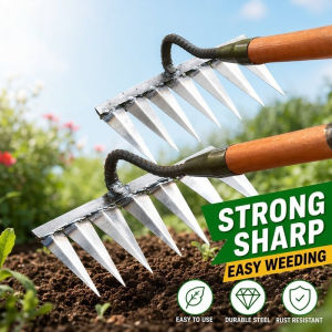 Garden Hoe Weeding Rake Steel Harrow Soil Loosening Farm Tool Leaf Cleaner Yard Cultivator