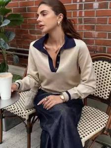 Korean Style Color Block Polo Neck Knitwear Womens Slim Fit Long Sleeve Base Shirt Autumn Winter Fashion Casual Top2026