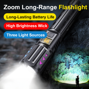 ไฟฉายเลเซอร์ซูมสีขาวระยะไกล แบตเตอรี่ใช้งานได้นาน ไฟฉายขนาดเล็กสว่างพิเศษ สำหรับการผจญภัยตั้งแคมป์