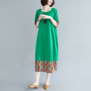 Womens 2024 Summer Ethnic Style Retro Color Blocking Printed Short Sleeved Dress Large Loose and Age Reducing Dress Women