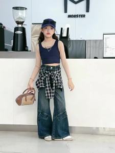 Little RD Kids Jeans For Girls American Street Dance Style 2025 Autumn Little Girls Fashionable Butt Curtain Workwear Wide Leg Pants Trendy