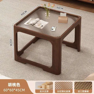 Solid Wood Glass Coffee Table Small Living Room Household Use Rattan Woven Wooden Tea Table Table