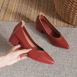 Free Shipping Soft Leather Chunky Heel Pointed-Toe Pumps WomenS Mid-Heel New Spring/Autumn Style Versatile Soft Leather Shallow-Toe High Heels
