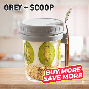 AKIRO HOME 350mL Portable Breakfast Oatmeal Cup Glass Sealed Salad Cup wt Spoon Overnight Oat Cereal Glass Jar Cawan Kaca 早餐杯