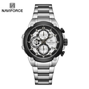 NAVIFORCE Original Mens Quartz Calendar Watch Stopwatch Chronograph Luminous Hands Folding Buckle Stainless Steel Strap 30m Waterproof Sports Outdoor Mens Multifunctional Watch NF8071
