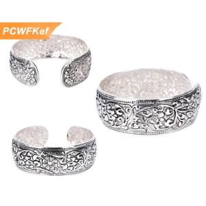 【PCWFKef】 YANAO ใหม่กำไลข้อมือเงินสไตล์ทิเบตกำไลแกะสลักลายดอกไม้นำโชคกำไลข้อมือ