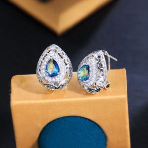 SEQUITO Top Quality Silvery Yellow Gold Plated Jewelry Pave Setting Mysterious Blue Teardrop Cut Crystal Stone Stunning Waterdrop Shape Women Evening Party Stud Earrings SE876