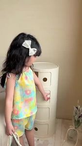 Children set Summer dyed oil painting Girls sleeveless suit cute Floral vet Terno for kids girls