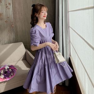 Womens Dress Summer Korean Waist Thin Romantic Purple Design Pleated Bubble Sleeve Skirt