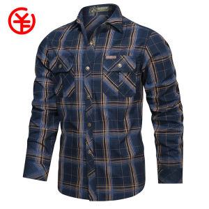 YGTOF เสื้อแขนยาวลายทางฤดูใบไม้ร่วงลายสก๊อตของผู้ชายขายดีลำลองแบบติดกระดุมเสื้อเดินป่ากลางแจ้งคาร์โก้แห้งเร็วเสื้อทำงานซาฟารี