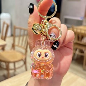 JIYAN2866 Luminous Labubu Bell Keychain Glitter Gold Bag Pendant Liquid Glitter Toy Desktop Miniature Craft Decoration