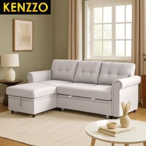 Free Installation ! Kenzzo: 3-Seater L-Shape Pull-Out Sofa Bed with Storage(Beige/Grey Fabric) – Daffodil Series | Multifunctional Sofa