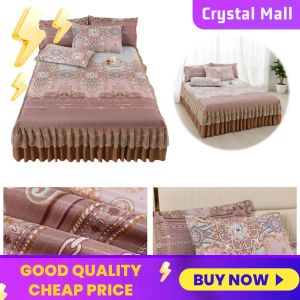 COD [Free Shipping] Luxury Ice Silk Bedding Set 3 Pieces with Ruffle Bed Skirt and Pillowcases Elegant Design for Wedding and Home Decor