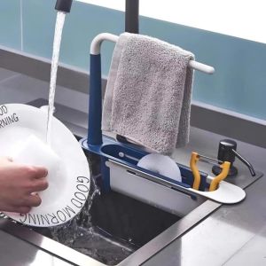 Kệ Gác Bồn Rửa Chén Co Giãn 32–45cm – Khay Đựng Dụng Cụ Có Thanh Treo Khăn Và Lỗ Thoát Nước