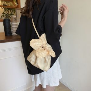 INK6755 Korean Style Plaid Drawstring Bag Canvas Printing Small Crossbody Bag Cute Large Capacity Flower Handbag Women