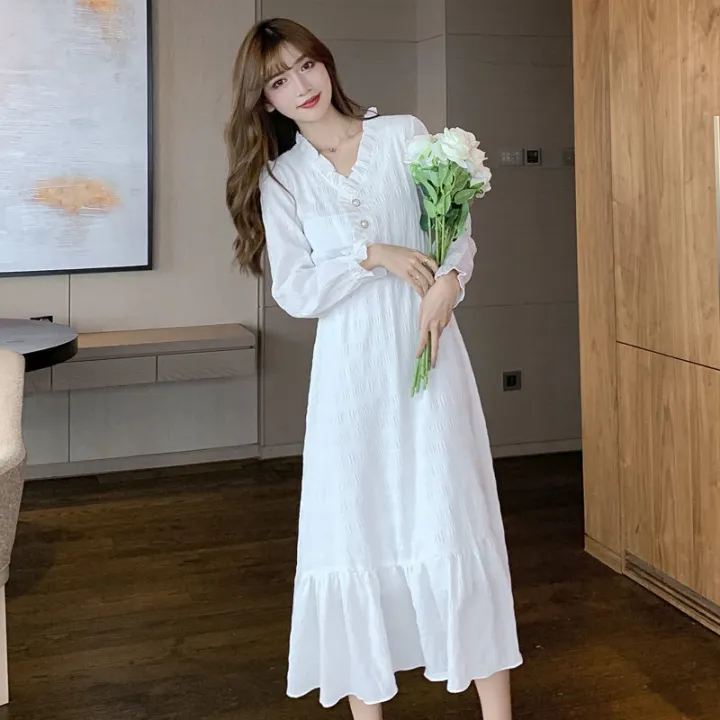 New V neck white women s long sleeve dress Lazada PH