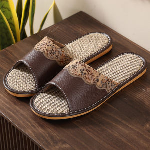 Spring And Autumn Leather Slippers For Women Indoor Summer CoupleS Silent Sweat-Absorbing Home Slippers MenS Soft Sole European Style Linen Floor Sandals