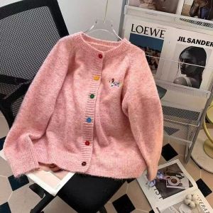 IELGY Lazy style sweet embroidered knitted cardigan womens colorful button loose sweater jacket