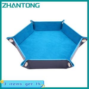 ZHANTONG Hộp khay xúc xắc có thể gập lại khay vuông đựng xu hình lục giác gấp bằng da PU trò chơi xúc xắc