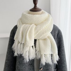 0HOWWUU Waffle Winter Cashmere Scarf Solid Color with Tassel Wool Scarves Elegant Soft Fluffy Pashmina Shawl Wrap Women
