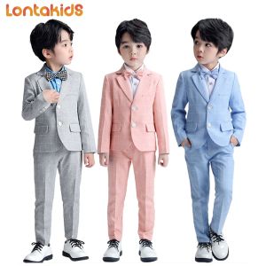 lontakids Kids Boys Formal Suit Long Sleeve Grey Blue Plaid Tuxedo Set Gentleman Children Birthday Wedding Party Suits Outfits For 2-14 Years