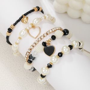 STYLETENK 5pcs Stackable Beaded Layered Bracelet Heart Charm Brown/Black Imitation Pearl Bracelet Stylish Bohemian Rhinestone Stretch Bracelet Women