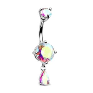 OUTOPEN Crystal Belly Button Rings Stainless Steel Teardrop Shape Belly Piercing Jewelry Dangle Colorful Navel Ring Women