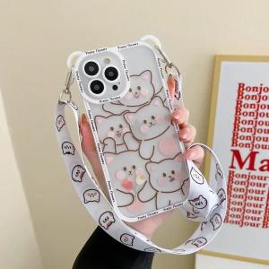 Cute Cartoon Flowers Bear Crossbody Case For iPhone 15 14 13 16 Pro Max 11 12 X Xs 7 8 Plus Cat Necklace Transparent Soft Cover
