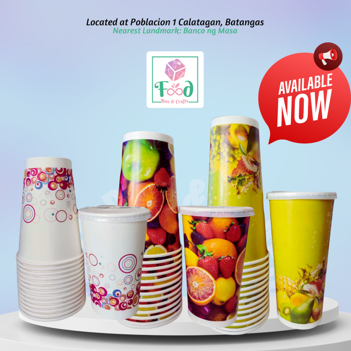 Paper Cups PRINTED with FLAT LIDS (50 PCS) 12 oz/ 16 oz /22 oz | Lazada PH