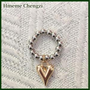 Hmeme Elegant Metal Heart Elastic Rope String CCB Round Bead Ring Gold Heart Pendant European And American Adjustable Ring