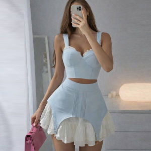 Elegant Womens Lace Short Skirt Sets Slim Sleeveless Camisole Top Irregular Patchwork Skirts 2026 Summer Lady Holiday Suits New2026