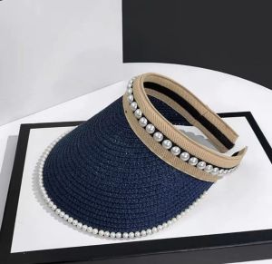 EMS fashion Feel Summer Beach Solid Color Pearl Straw Cap Breathable Empty Top Hat All-match Surprise Valentines Day Gift for Girlf