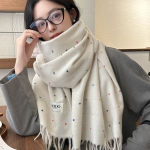 EASYEAH Solid Color Winter Cashmere Scarf Polka Dot with Tassel Pashmina Shawl Wrap Elegant Soft Fluffy Wool Scarves For Women