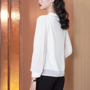 AMMIN 2025 Autumn New Fashion Exquisite Embroidery Floral Hollow Lace Patchwork Long Sleeve Chiffon Blouse for Women Korean Style Sweet Lantern Sleeve Elegant Blouse