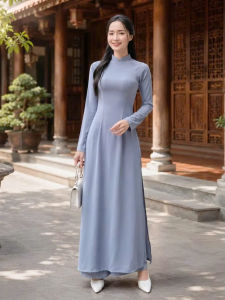 Áo Dài Truyền Thống Màu Lam Cổ 2cm Tay Lỡ
