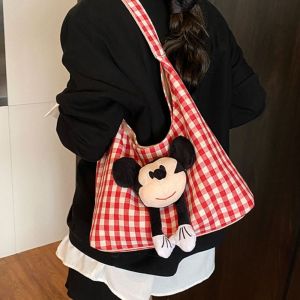 LANGJ ตาข่าย กระเป๋าสะพายมิกกี้ การ์ตูน ความจุขนาดใหญ่ กระเป๋าผ้า ลำลอง กระเป๋าใต้แขน กระเป๋าผ้าแคนวาส ช้อปปิ้ง