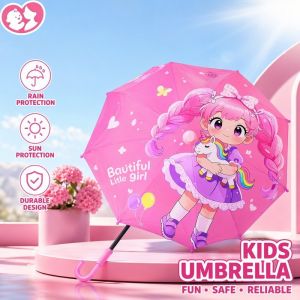 Kids Umbrella Cartoon Long Handle Auto Open Sun Rain Large Pongee School Outdoor Child Gift