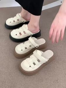 [Free Shipping] Two-Wear Hollow-Out Toe-Cap Sandals For Women New Style Perforated Roman Sandals Thick-Soled Half-Slipper Sandals For Women Low-Heeled Outdoor Sandals