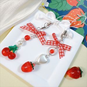 HBESTY  1PC Korean Cute Strawberry Mobile Phone Chain Y2K Sweet Fruits Beaded Phone Lanyard Keychain For Girls Phone Pendant Charms